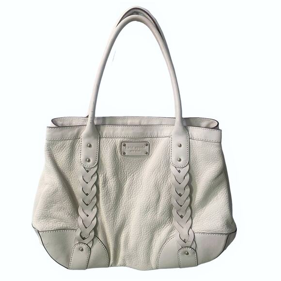 Kate Spade Ivory Large Leather Tote Bag Braided Accent Off-White VTG Carryall